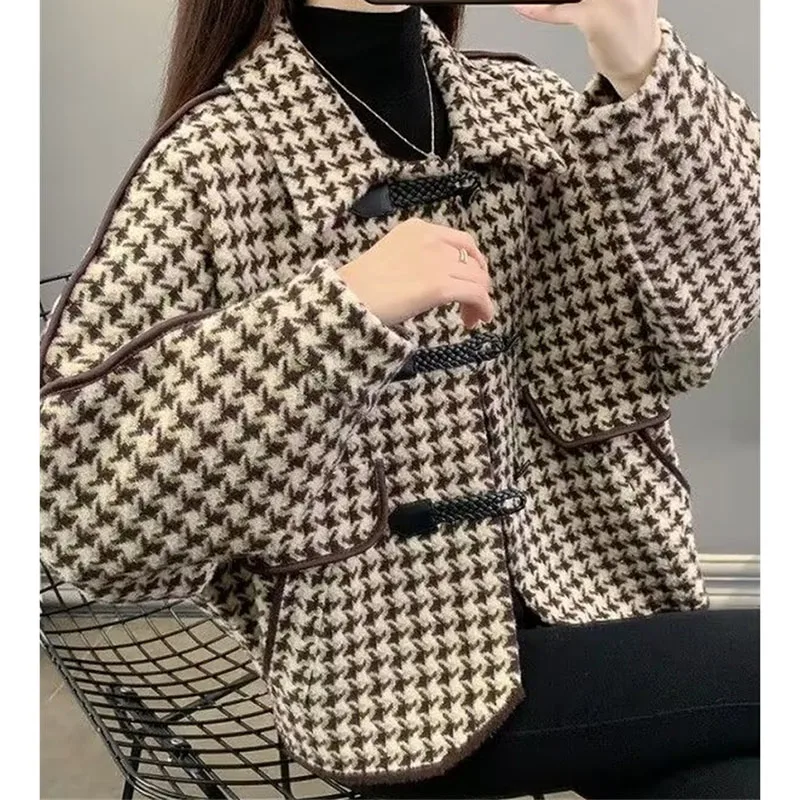 Autumn Winter Thousand Bird Grid Female Coat Flip Collar Woolen Lady Jacket Long Sleeves Wool Blend Women Outwear ﻿