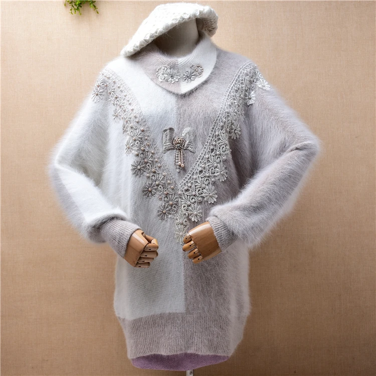 Ladies Women Fall Winter Embroidery Beading Angora Rabbit Hair Knitted Long Batwing Sleeves Turn-Down Neck Pullover Sweater Pull