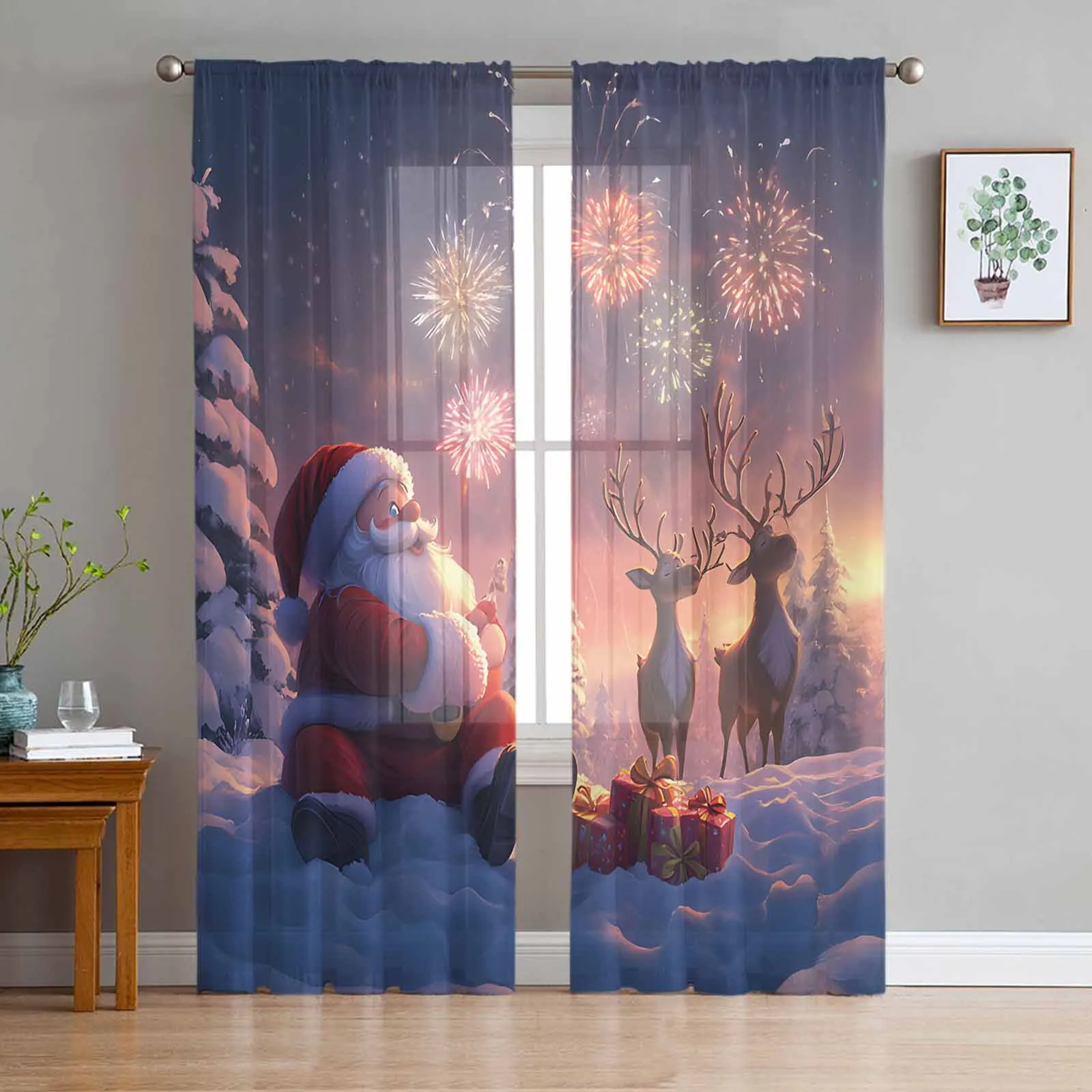 Christmas Old Man Reindeer Curtains For Living Room Bedroom Home Decoration Window Voile Tulle Curtain Drapes