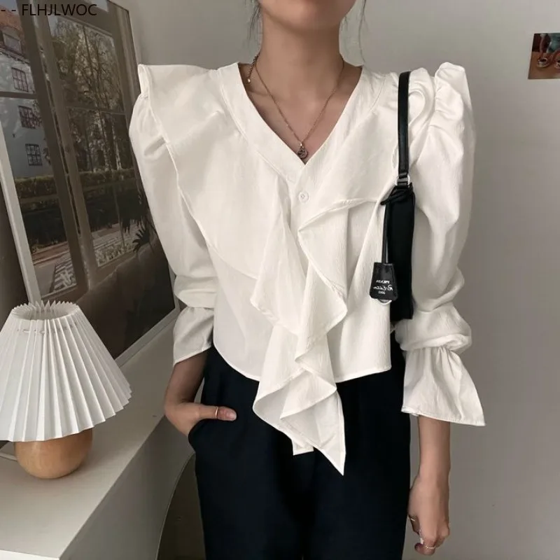 Damskie koreańskie eleganckie bluzki z falbankami, krótkie topy, bluzki damskie z długim rękawem, eleganckie, podstawowe ubrania do biura, białe koszule do pracy.