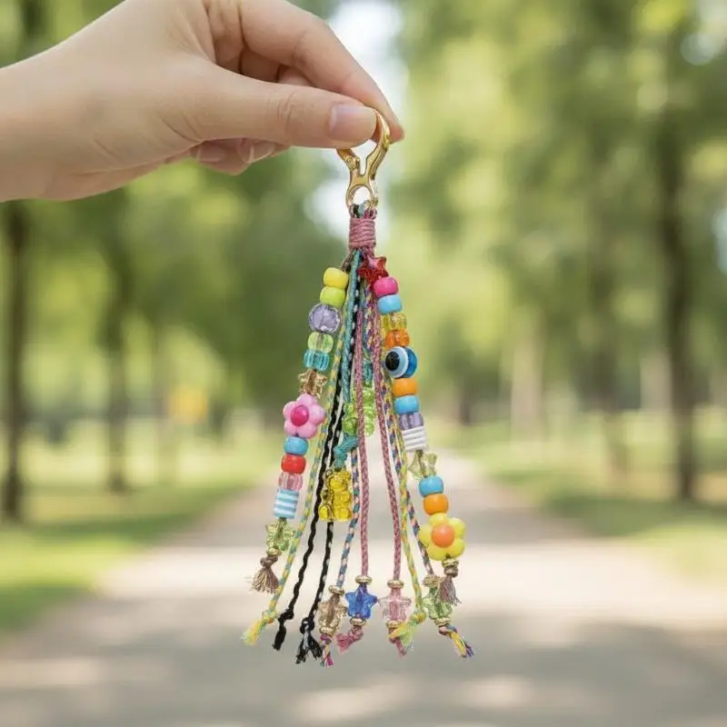 1 Stück bunter Blumenperlen-Anhänger, Schlüsselanhänger im Boho-Stil, handgefertigter Perlen-Quastenschlüsselanhänger für Damen, Rucksack- oder Handtaschen-Accessoire, Geschenk. – Detail 5