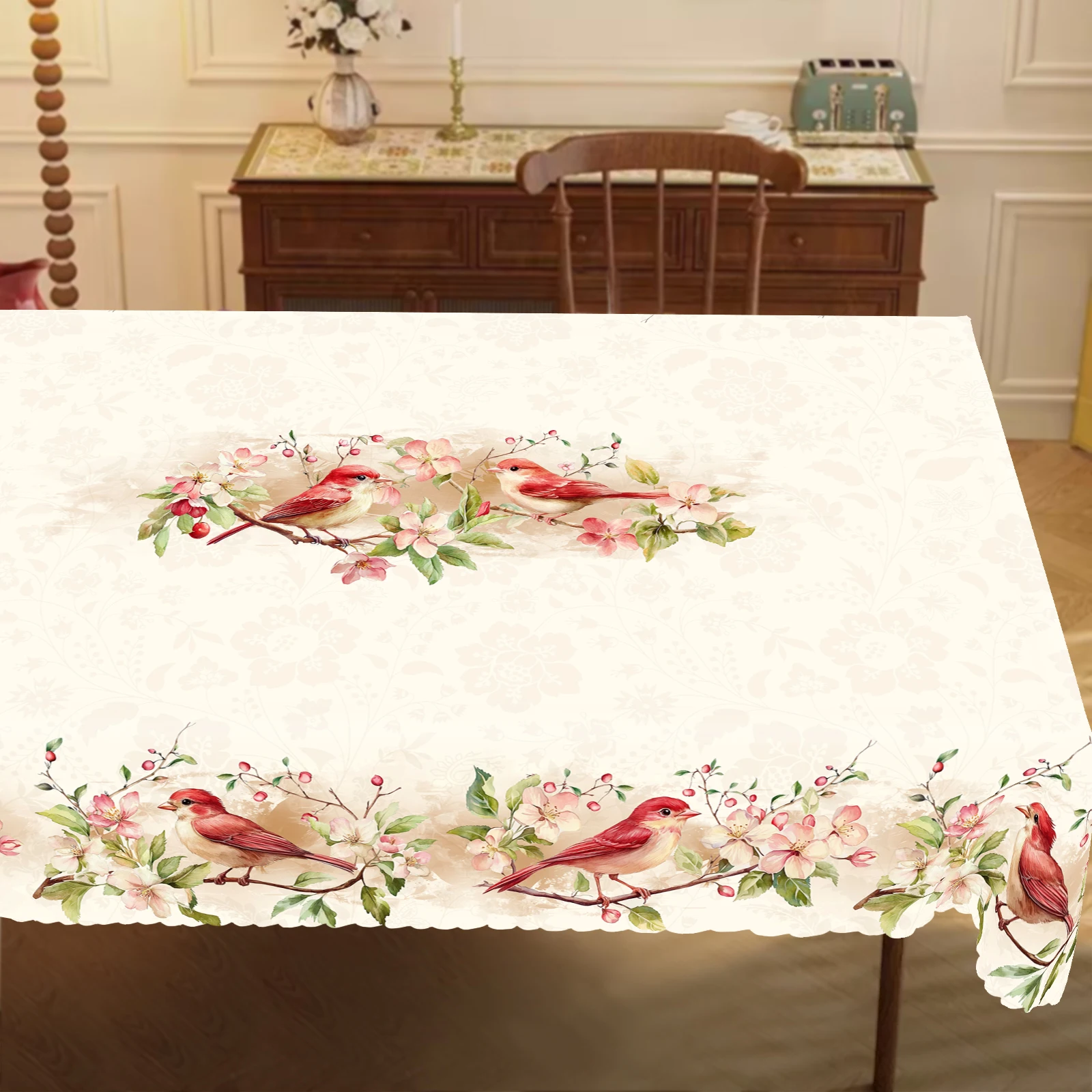 1 Piece, Spring and Summer Sparrow Flower Tablecloth + 4 Self-Adhesive, Unique Red Bird Pattern, Round and Rectangular Tablecloth, Embossed Edge, Durable Woven Polyester Fabric, Suitable for Home Kitchen, Outdoor Garden, Holiday Party, Restaurant and Banquet Decoration, Party Event Decoration, Suitable for Gifts, Graduation Season, Mother's Day Gift Decoration-Oo-037