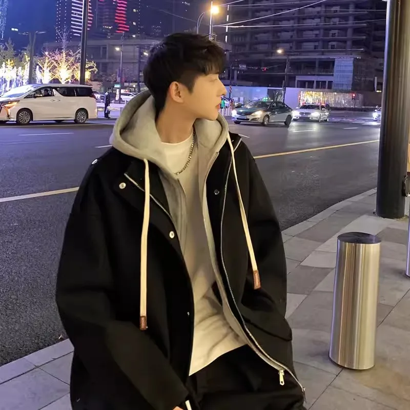 معطف صوفي دافئ بغطاء للرأس، طبقة مزدوجة من قماش البوليستر الداخلي، جاكيت شتوي للرجال، سميك بأكمام طويلة بلون واحد #5