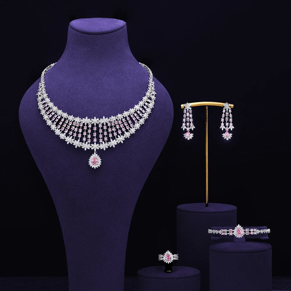 

Women Fashion Jewelry Set 4 PCS Necklace Set Shiny Cubic Zirconia High Quality Bridal Party Jewelry Sets