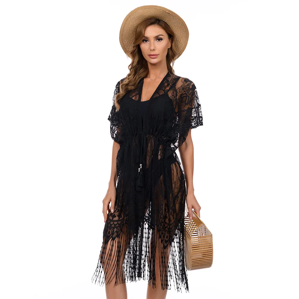 Sexty See-through Mulheres Lace Beach Cover Up Protetor Solar Beachwear Túnica Longa Pareos Cardigan Swimwear Maiô Biquíni Cover Ups