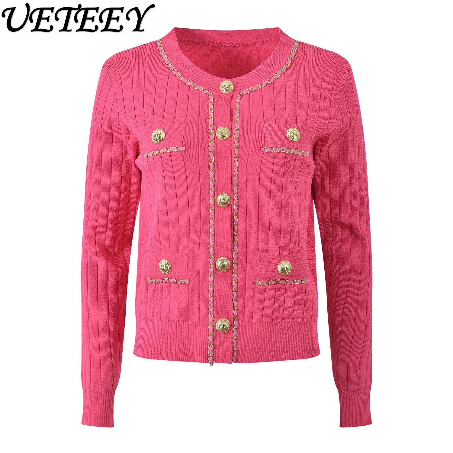 

2025 Autumn New French Style Socialite Chain Metal Buckle Short Sweater Fashion Round Neck Long Sleeve Knitted Cardigan Top