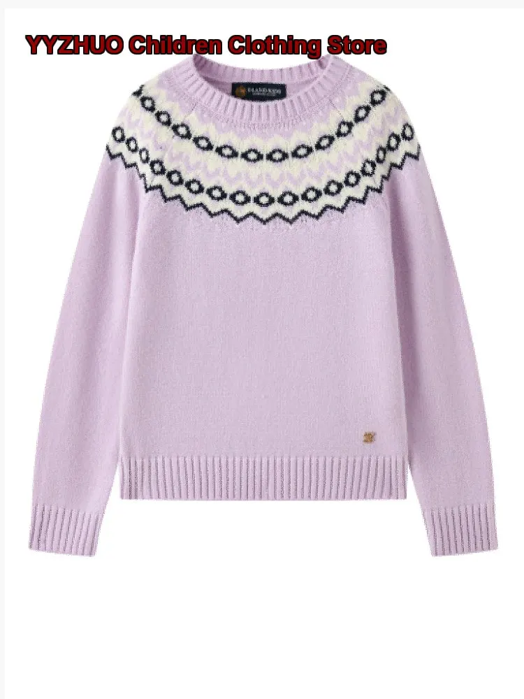 Girls Fair Isle Jacquard Knit Top Eland Kids Autumn Winter Pure Cotton Round Neck