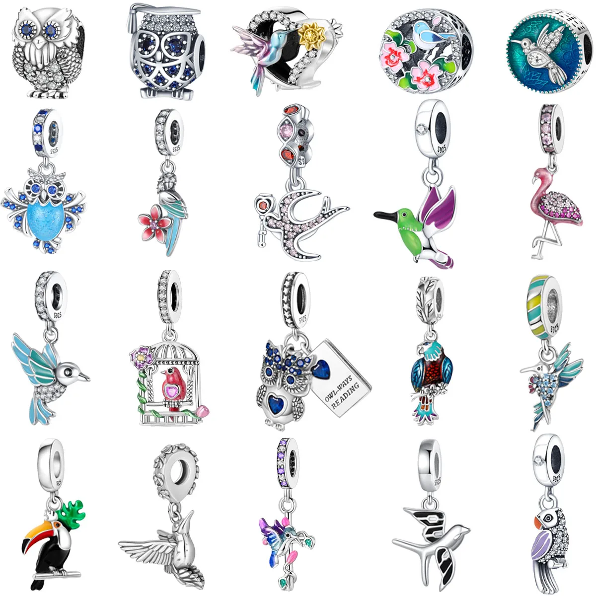 

Original 925 Charms Sterling Silver Owl Ostrich Hummingbird Swallow Beaded Pendant for Pandora DIY Bracelet Ladies Jewelry Gift