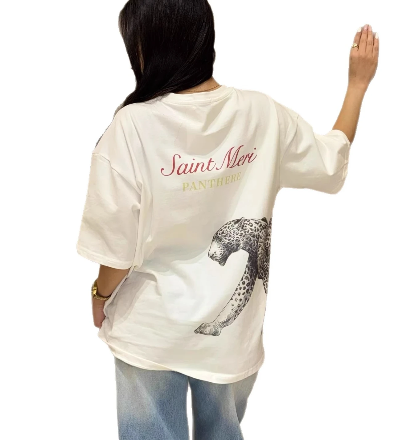 Pure Cotton Y2K Oversized Panther Print T-Shirt Cityboy Streetwear Back Graphic Saint Meri Lettering Drop Shoulder Casual Tee