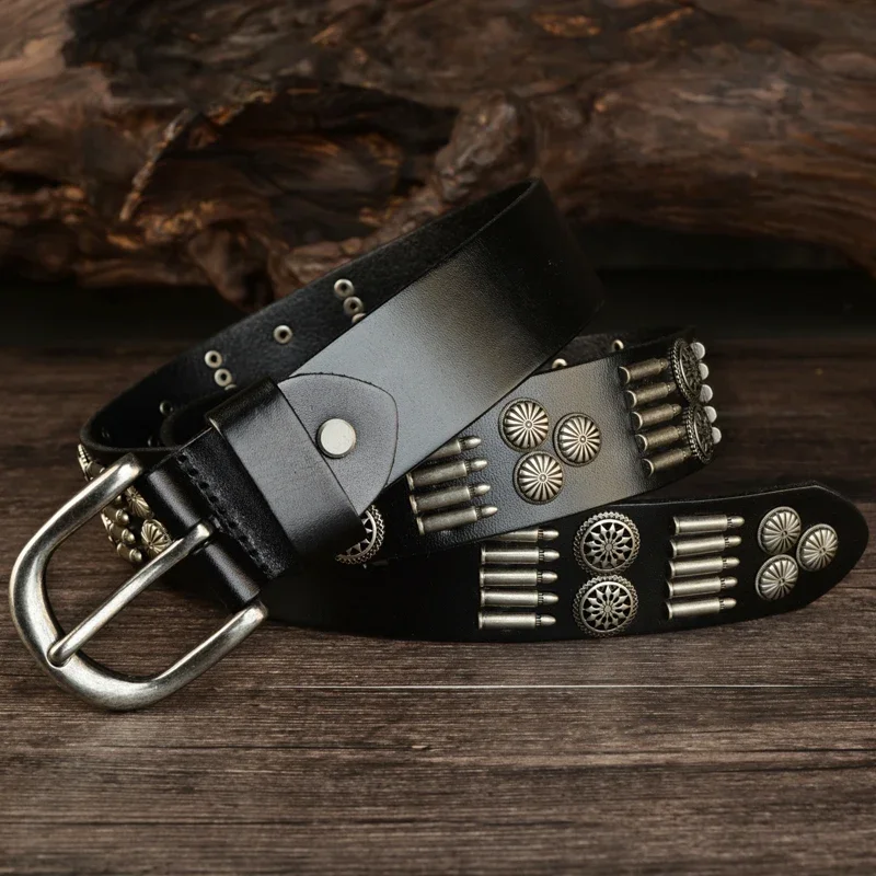 NEW Fashion Metal Rivet Cowboy Belt 100% Top Grain Genuine Leather Cowskin Men Belt Punk Rivet Jeans Belts For Women