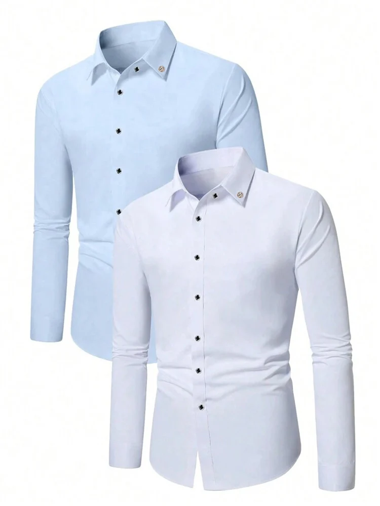 Herren Langarm-Hemd Kleidung Lässiges Einfarbiges Design Business Herrenhemd für Gesellschaftliche Anlässe in Weiß, Marineblau und Schwarz
