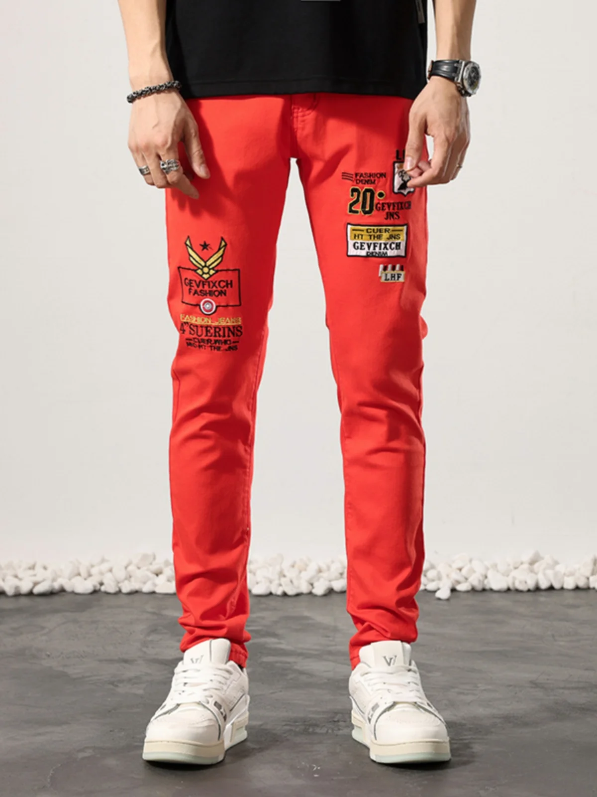 

Summer Mens Slim Fit Stretchy Embroidered Denim Jeans Orange Casual Long Trousers Youth Faion High Waist hine Waed