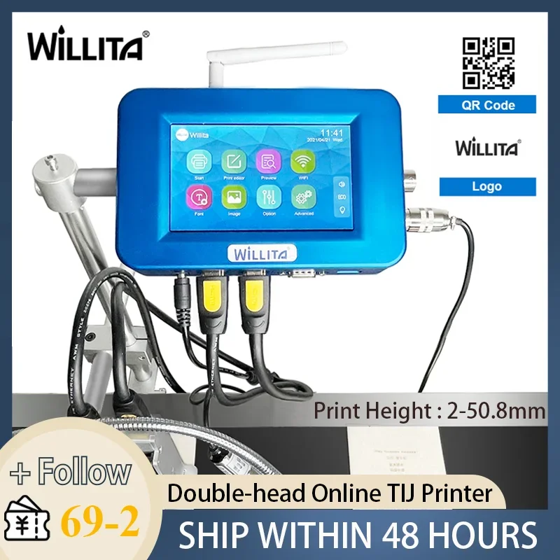 

Willita 50.8mm Online Inkjet Printer Batch Number Logo Date QR Code Industrial Continuous TIJ Coding Machine For Conveyor Belt