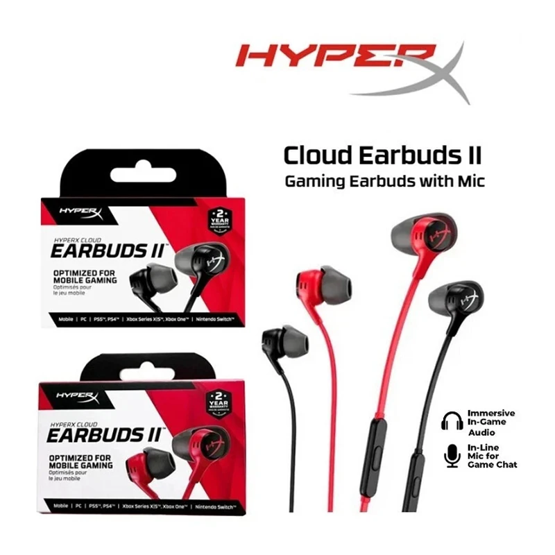 Écouteurs de jeu filaires originaux HyperX Cloud Earbuds II, microphone 3.5mm, bouton multifonction pour PC, mobile, Nintendo Switch
