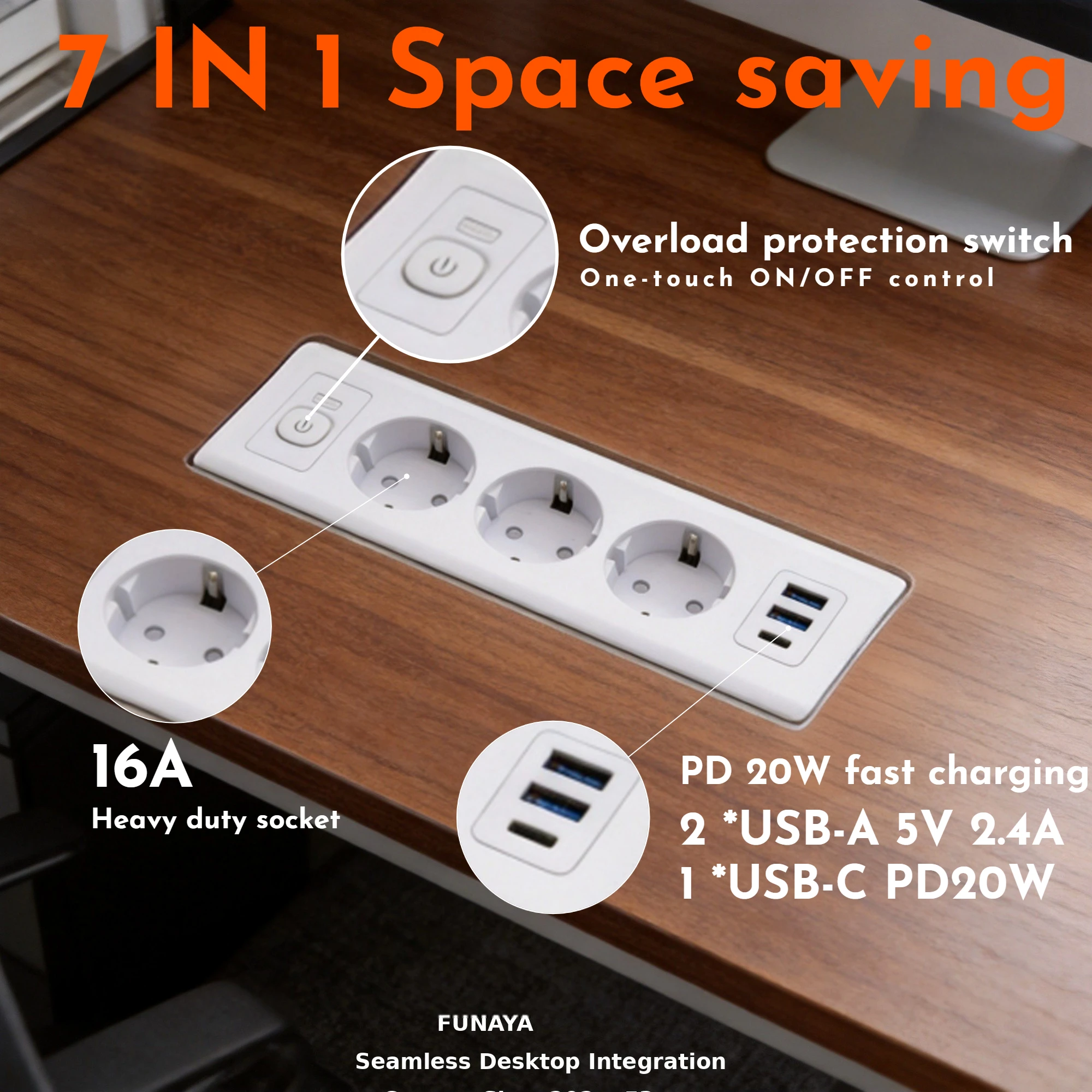 FUNAYA EU KR Built-in Desktop Socket PD USB A C Hidden Countertop Extension Furniture Socket ON/OFF Overload Protection Switch