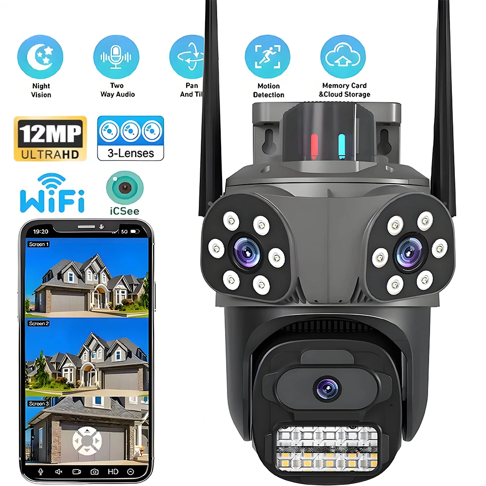 12MP 6K HD WiFi IP Camera Outdoor Three Lens Three Screen PTZ Camera Auto Tracking Home Security CCTV Surveillance 6MP iCSee Cam