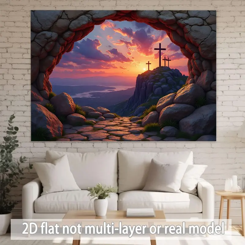 Boho Spiritual Cross Tapestry Wall Hanging Sunset Sunrise Landscape Art Polyester Fabric Religious Faith Journey Decor Rustic Bo