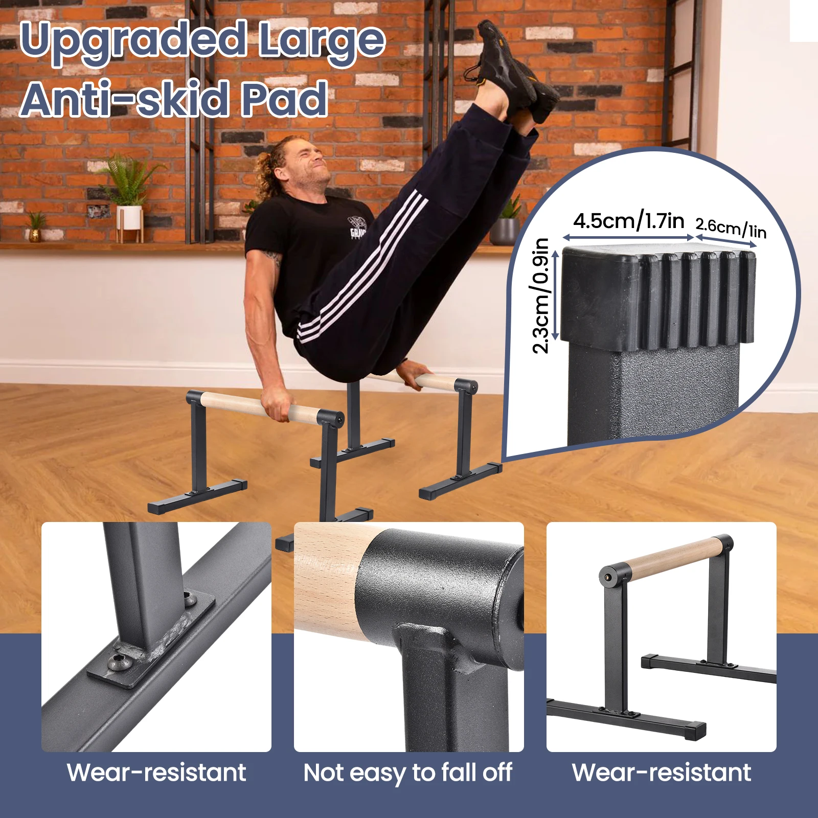 2 Stück Liegestützgriffe, Holz-Liegestützstangen für Calisthenics-Krafttraining, Liegestützgriffe aus massivem Holz mit Metallrahmen, hochbelastbare Stützen, 200 kg Tragkraft, ergonomischer Griff, Heimfitnessgerät für Bodenübungen. – Detail 8