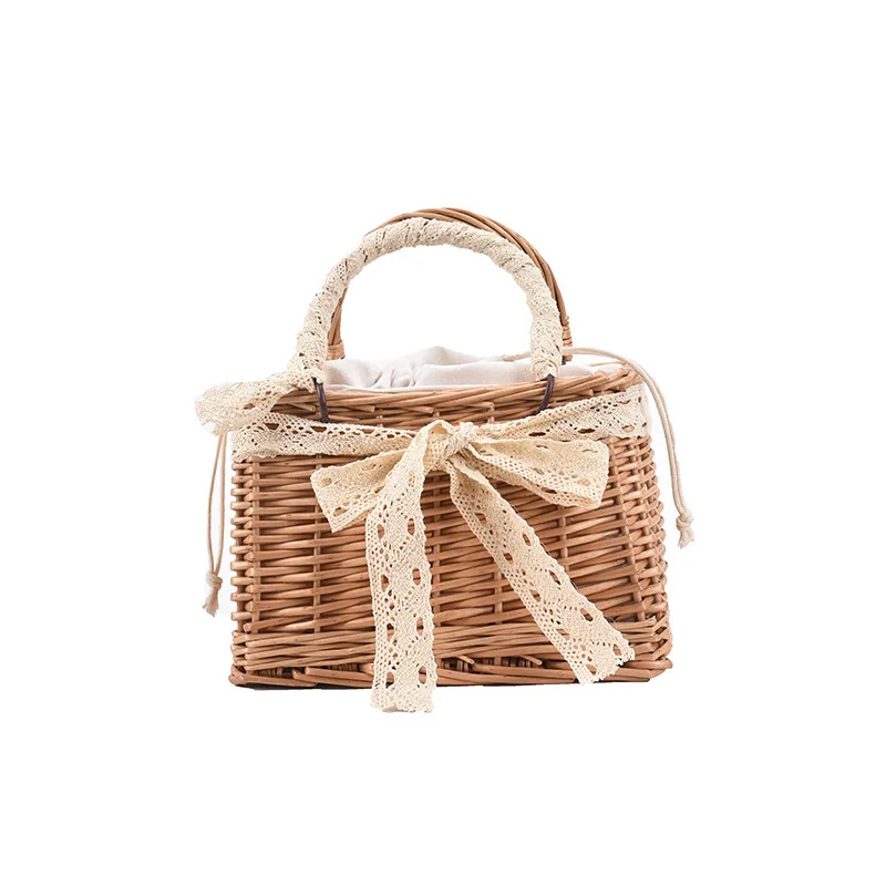 Straw Bags for Women Rattan Handmade Woven Purses and Handbags Ladies Lace Bowknot Basket Tote Beach Hand Bag