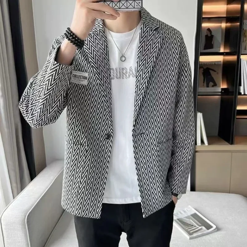 Tweed Male Blazer Coat Single Breasted Cropped Men\'s Suit Jackets Short Classic Vintage Clothing Fashionable Original Simple