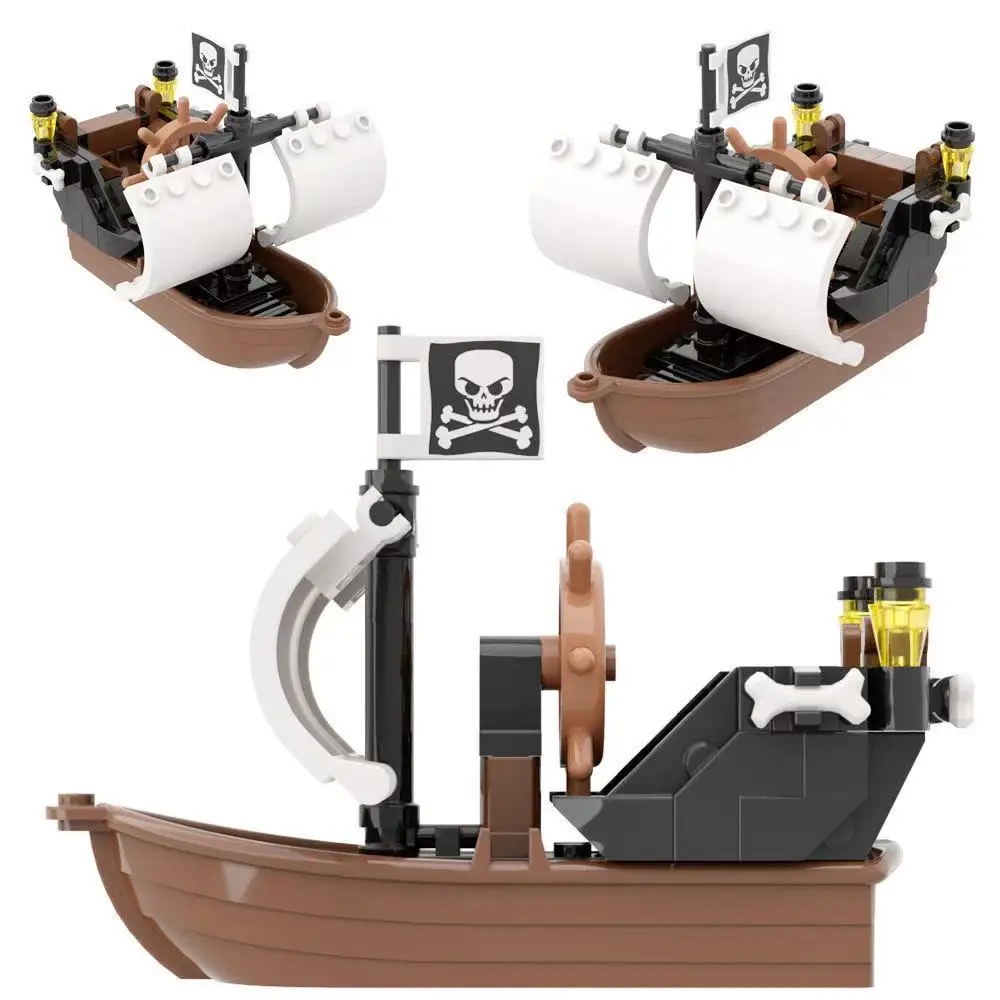 MOC Small Particle Building Blocks Pirate Ship Cannon Ship Fishing Boat Kids Assembly Toys