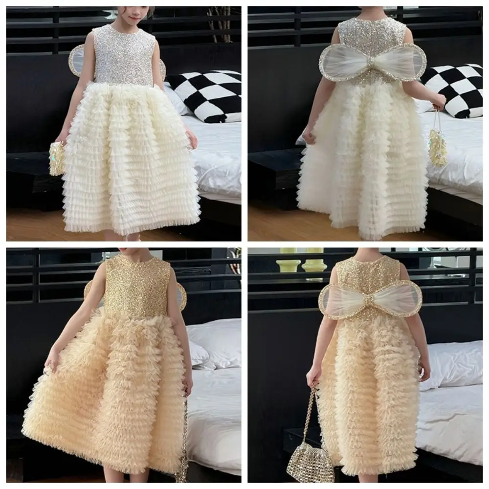 

Butterfly Bow Wings Children Princess Dress Round Neck Sequin Loose Kids Birthday Cake Dress Sleeveless Casual