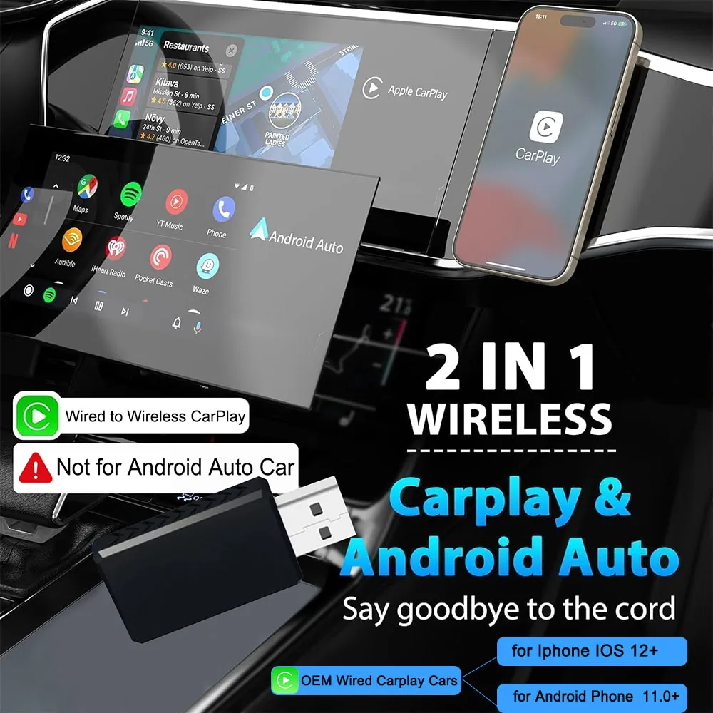 2025 New 2 in 1 Wireless Carplay Adapter Android Auto for Volvo Benz Audi Hyundai VW Mazda Cadillac Peugeot Wired CarPlay Car