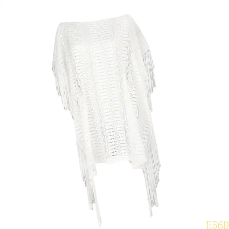 

E56D Womens Beach Dress Tassels Knitted Beach Cover Up Hollow Out Swimsuit Cover Up Loose Bathing Suit Cover Up for Beachwear