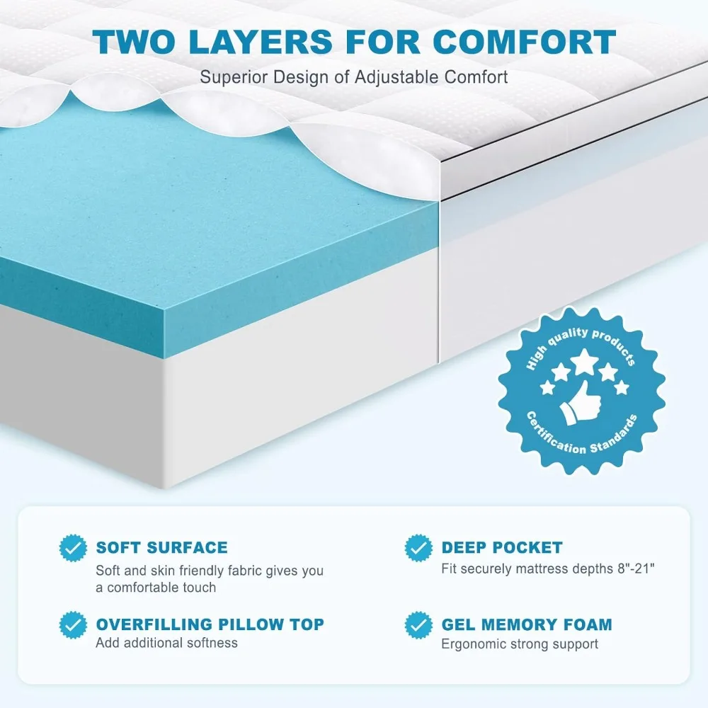 Dual Layer Memory Foam Mattress Topper, Gel Memory Foam and Cooling Pillow Top Mattress Pad Cover