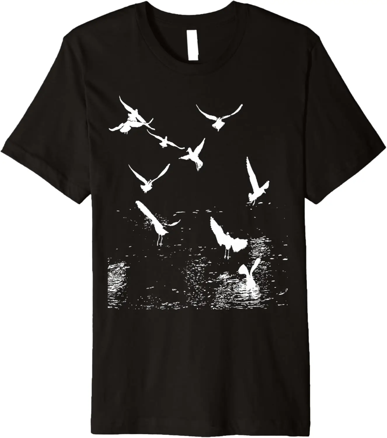 White Silhouette Of A Flock Of Seagulls Over Water Premium T-Shirt