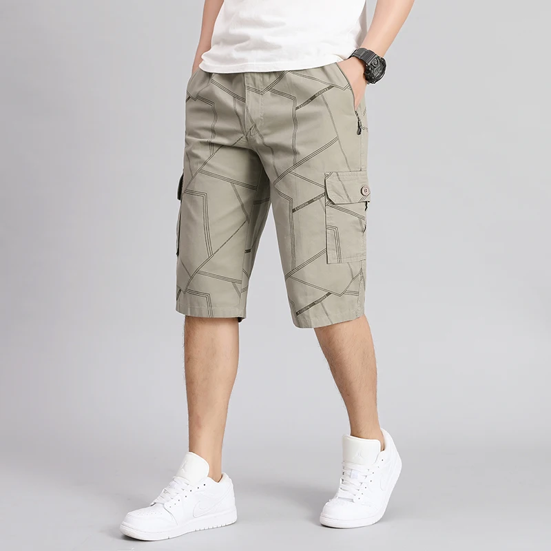 Summer Thin Stylish Printed Casual Shorts Beach Style Loose All-match Men\'s Clothing Pockets Spliced Commute Zipper Knee Pants