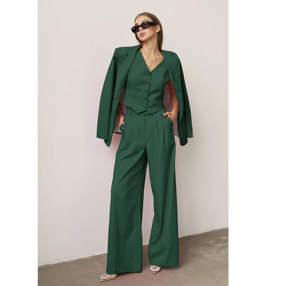 

Dark Green 3 Pieces Suit For Women Single Breasted Women's Suit Jackets Fashion Blazer Vest and Pants Office Lady Pants Set