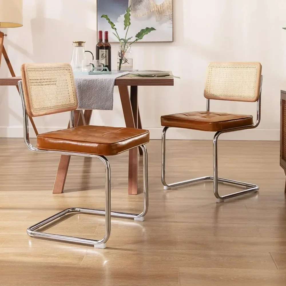 v Mid-Century Modern Dining Chairs, Upholstered Tufted Faux Leather Accent Chairs Rattan Dining Chairs