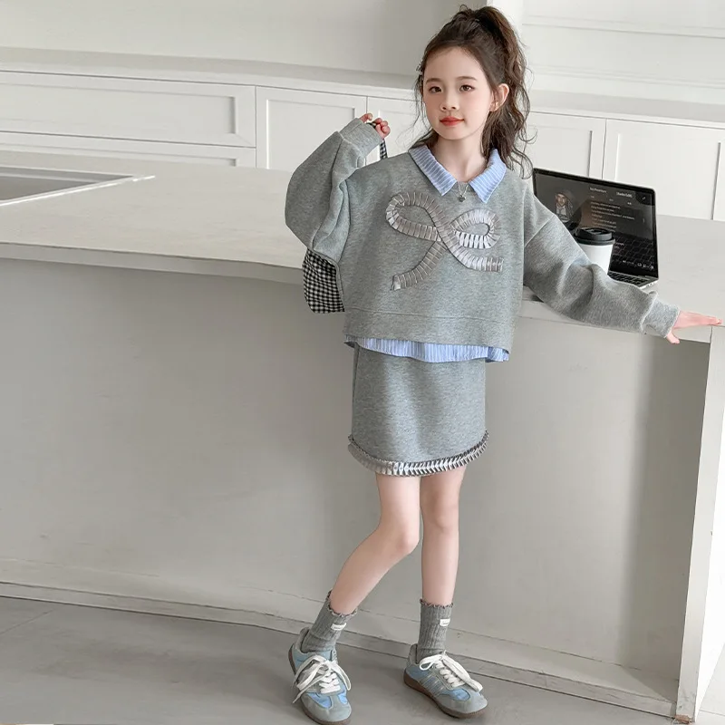 

School Girls Two-piece Sets Autumn Korean Children Girls Bowknot Striped Patchwork Sweatshirt Kids Girls Elastic Waist Skirt