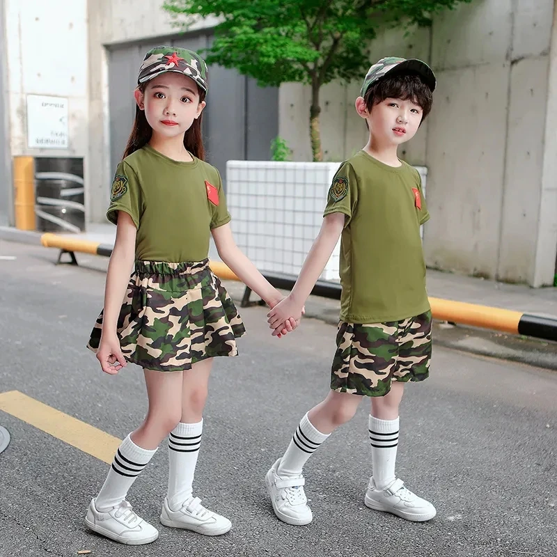 

Children's Camouflage Suit Summer Boys Special Forces Military Training Performance Clothing Kids Tops T Shirt+shorts 4-14Years