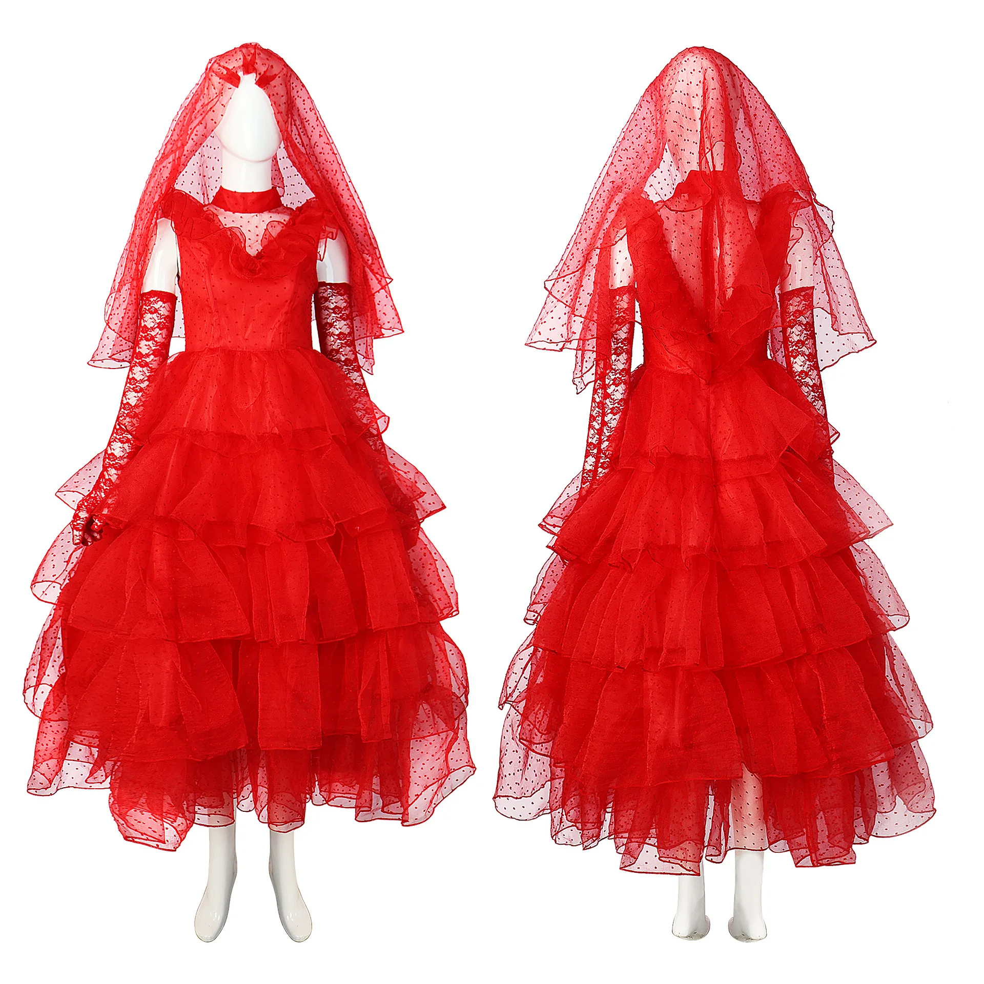

Red Wedding Dress Costume for Women Beetlejuice Costume Includes Dress Pair of Gloves & Veil Costumes for Halloween Birthday