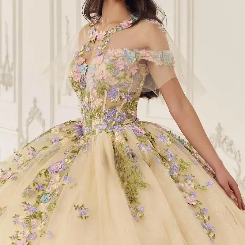 Светло-желтые платья Quinceanera ручной работы с 3D цветочным принтом по индивидуальному заказу для девочек, бальные платья со шнуровкой, Vestidos De Quinceanera