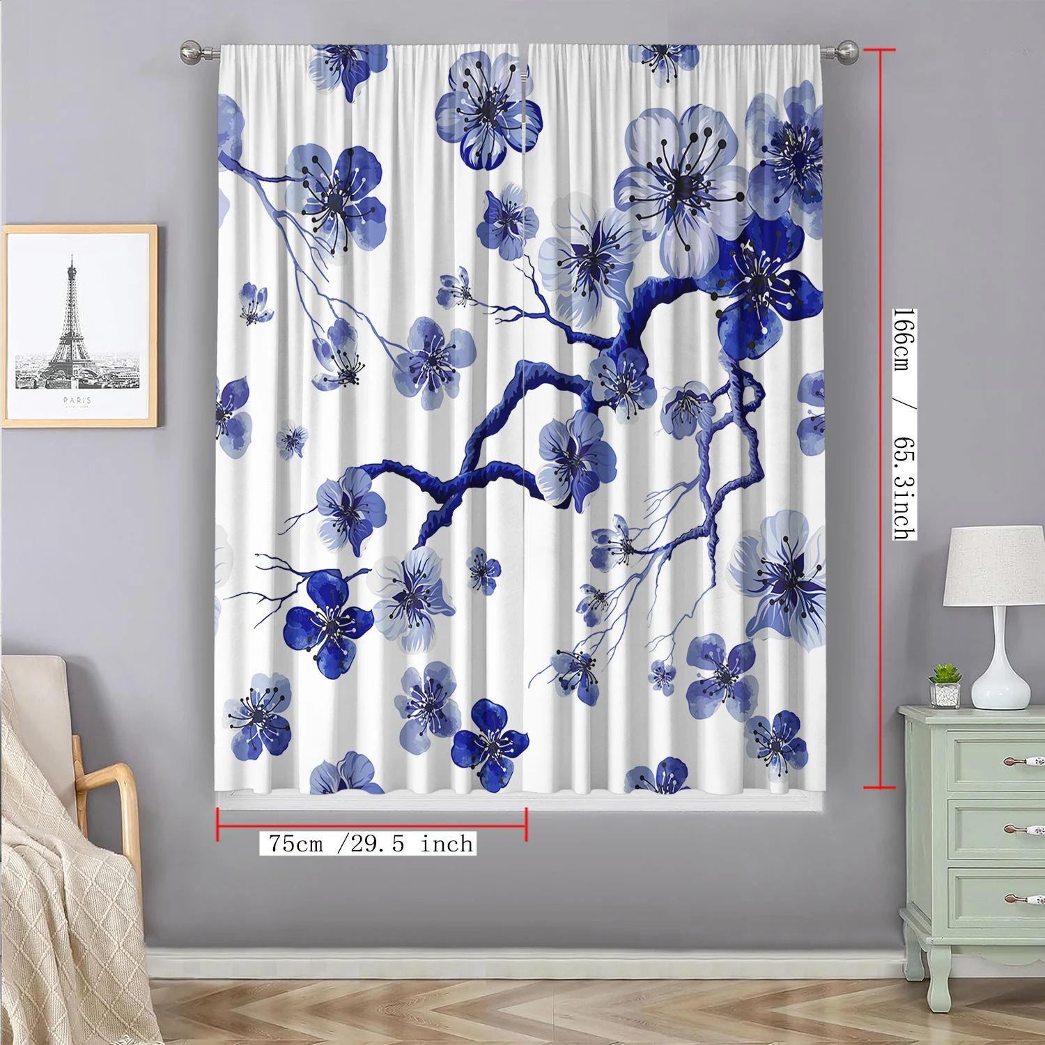 2PC Home Decoration Curtains With Floral Background And Rod Pocket Curtains, Kitchen,Coffee Shop, Living Room, Balcony, Garden