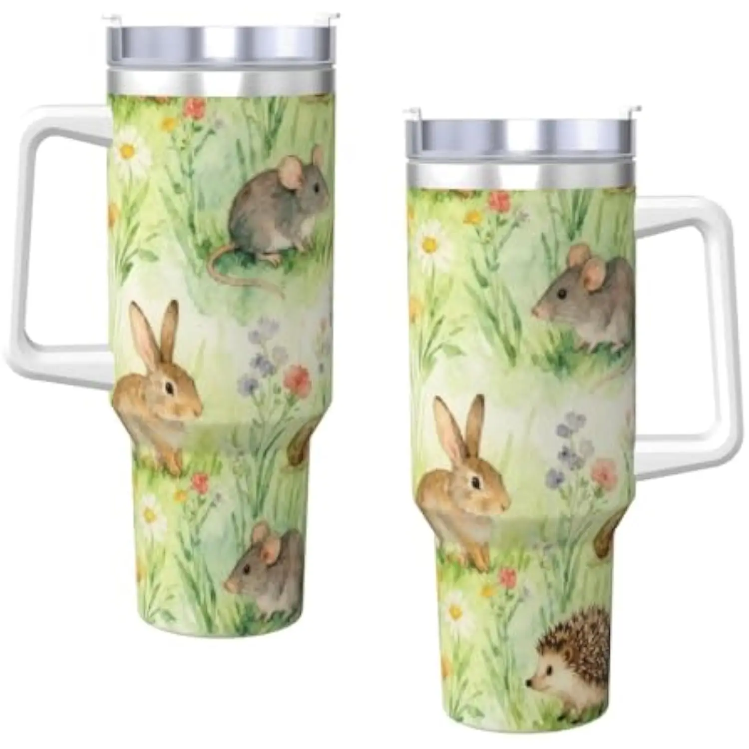Watercolor Forest Animals Rabbit Mouse Hedgehog Tumbler 40oz Stainless Steel Travel Mug with Handle and Straw view 3