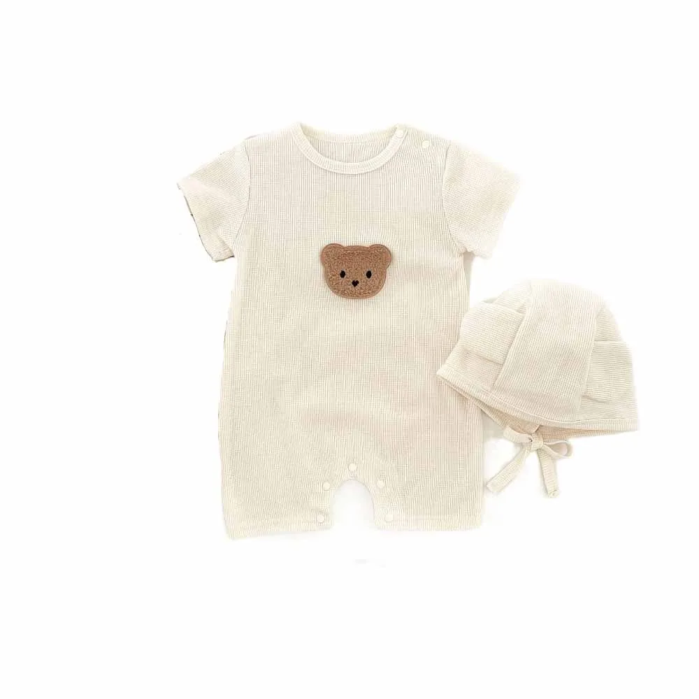 

Short Sleeve Baby Romper Pure Cotton Soft Fabric Cartoon Bear Bodysuit Waffle Texture Cute Bear Design Infant Romper Gift Set