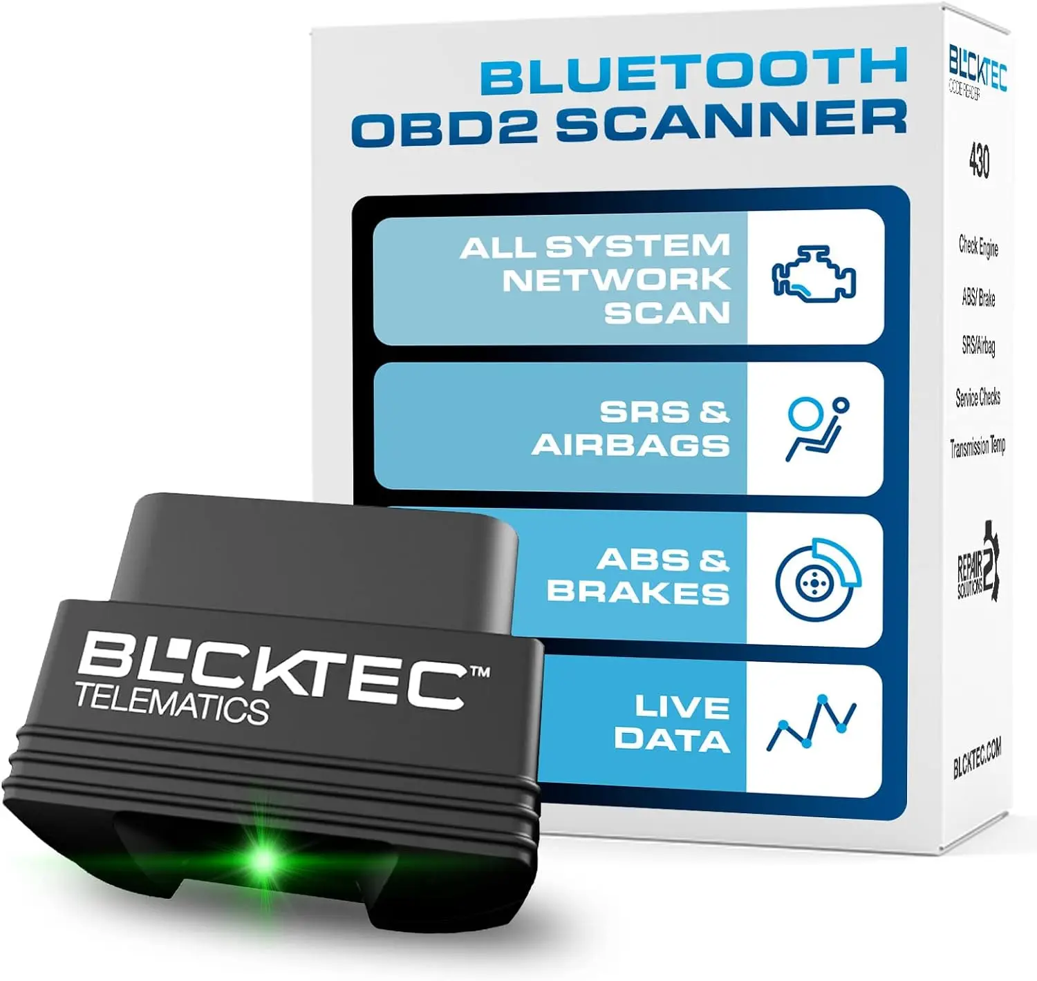 430 Bluetooth OBD2 Scanner for iPhone & Android, No Subscription, OBDII Code Reader, Check Engine ABS SRS Airbag, 1996+