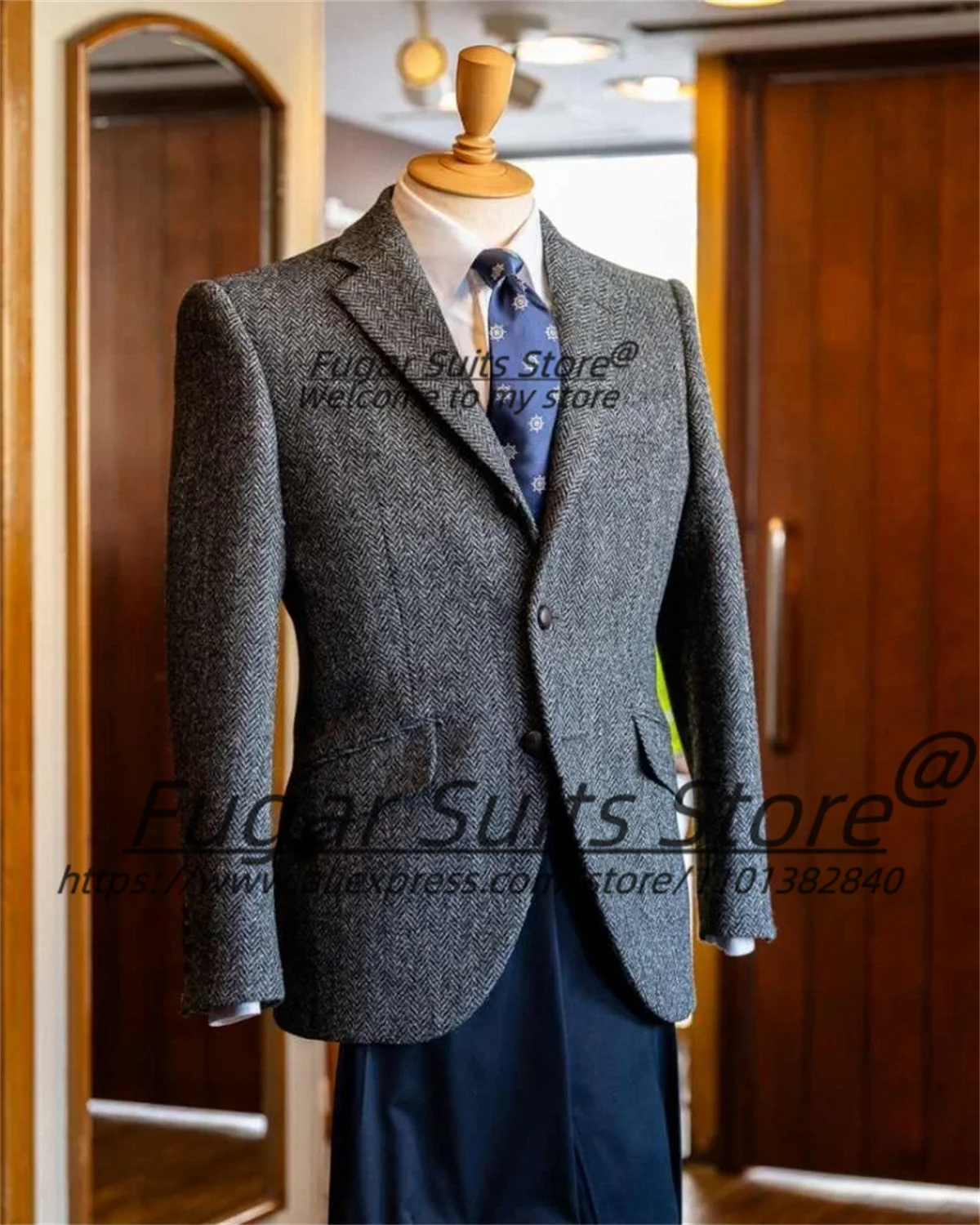 Classic Spring Autumn Gray Herringbone Men Suits Customized  Notched Lapel Groom Wedding Tuxedos 2Pieces Sets Male Party Blazers