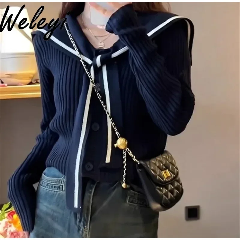 Gentle Navy Neck Dark Blue Knitted Top Woman Cutecore Cardigan Mujer 2024 Autumn New Soft Waxy Long Sleeve Knitwear Pulls Chauds