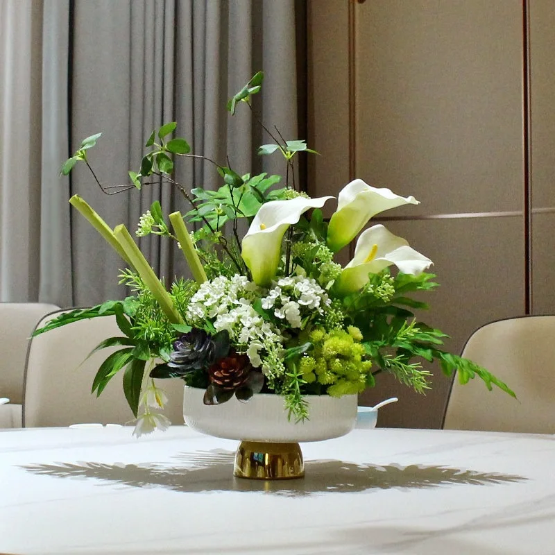 Dining table flower pendulum flower light luxury rock slab round table middle turntable high simulation fake flower hotel home