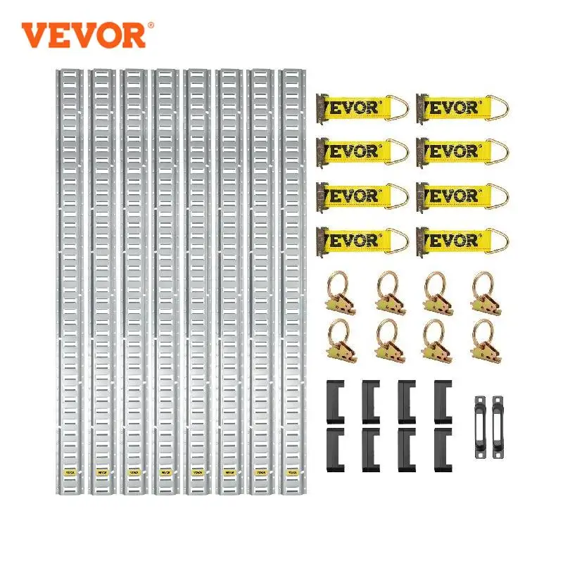 VEVOR Universal E-Track Tie-Down Rail Kit W/ 8 Steel Rails 2 Single Slots 8 O-Rings 8 Tie-Offs Trailer Car Securing Accessories