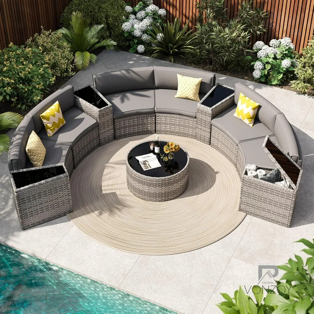 

Patio Sectional Furniture Outdoor 11-Piece, Rattan Curved Sofa Set with Storage Table, Pillows, Fit for Pool Backyard Balcony