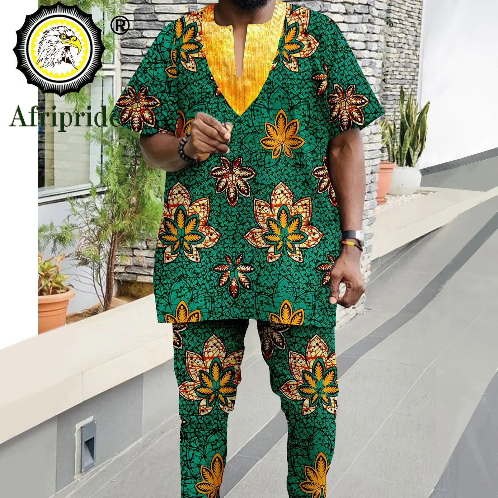 Tracksuit African Suits for Men Shorts Sleeve Print Tops and Pants 2 Piece Sets Plus Size Casual Outfits Bazin Riche A2216100