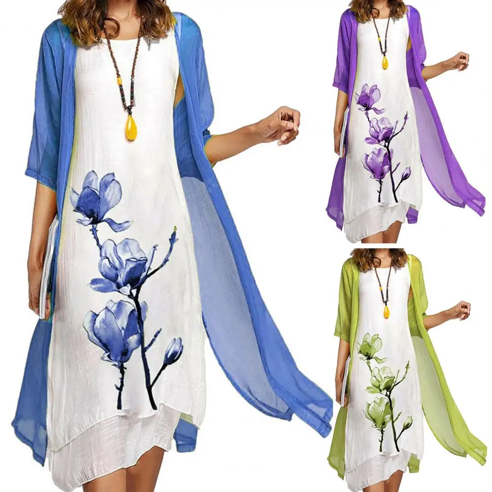 2Pcs/Set Autumn Flower Print Vest Dress Coat Set Irregular Hem Dress Cardigan Coat Set Solid Color Half Sleeve Shawl Coat Outfit