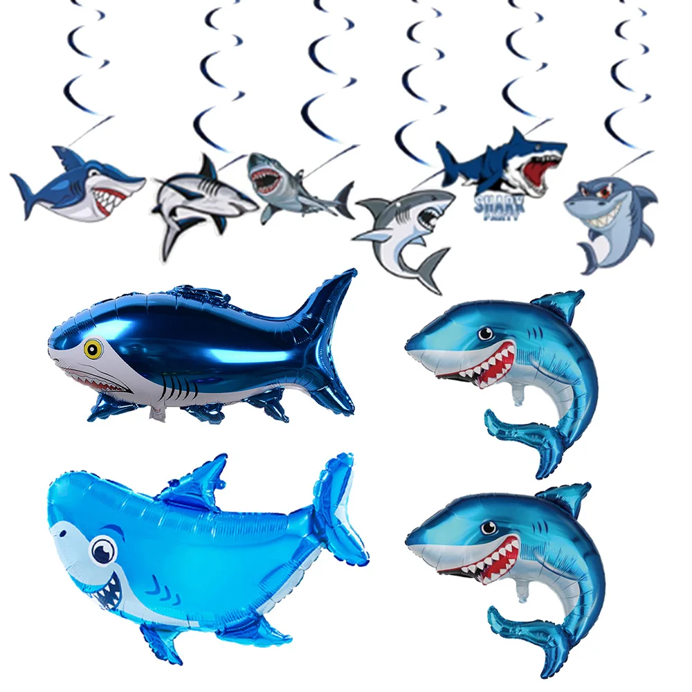 Shark Party banner hanging swirl decor Blue Ocean animals Shark balloon kids birthday decor Shark theme Party decoration balloon