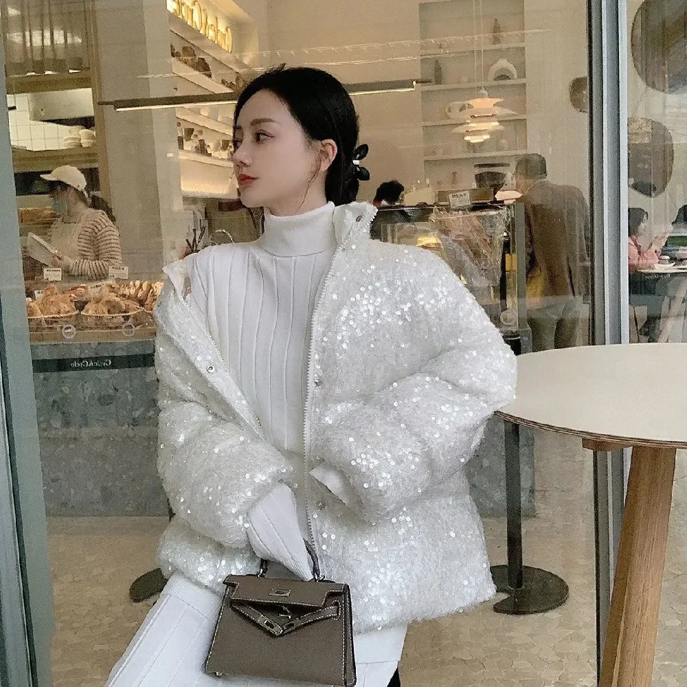 Sequined White Duck Down Short Down Jacket Women Thicken Parkas 2025 New Fashion Down Jacket Women Korean Loose Parka Coat